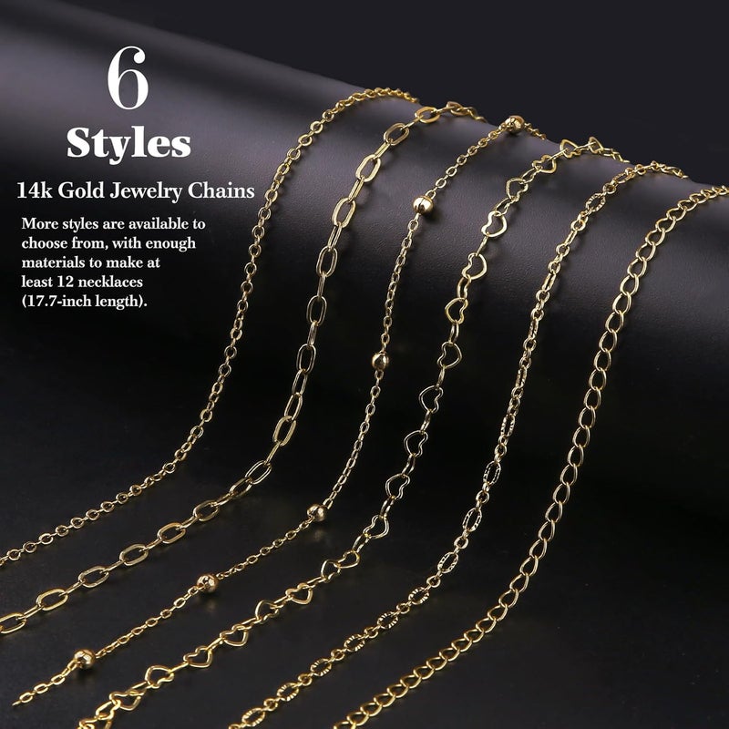Ecoofor 14k Gold Necklace Chains for Jewelry Making, Total 20 Feet 6 Rolls Bracelet Chains for DIY, 3.3 Feet Each Style, 14K Gold Plated Chain with Jump Rings/Lobster Clasps/Connectors - Image 2